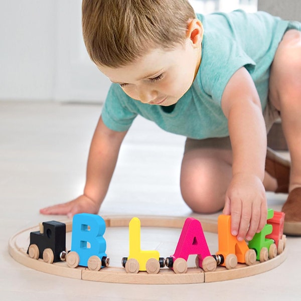 Build Your Own Name Alphabet Train 3 LARGE Inch Each Letter Hand Made in U.S.A Live Rolling Wheels & Self Attaching Magnets Kids Room Decor
