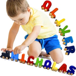 Build Your Own Name Alphabet Train 3 LARGE Inch Each Letter Hand Made in U.S.A Live Rolling Wheels & Self Attaching Magnets Kids Room Decor