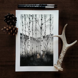 Birkenwald mit Hirsch - Aquarelldruck