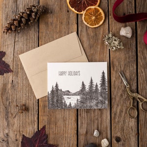 Handgetekende Happy Holidays Loon boekdrukkaart, milieuvriendelijke kaart, vakantiecadeau, aangetrokken tot ecologie