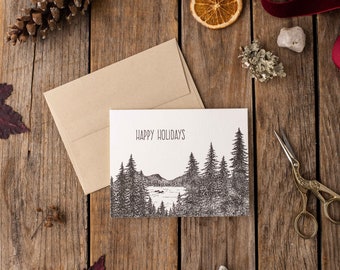 Hand-drawn Happy Holidays Loon Letterpress Card, Eco-Friendly Card,Holiday Gift, Drawn to Ecology