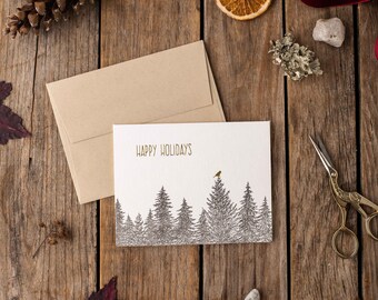 Happy Holiday Card, Tree Card, Letterpress Card, Hand-drawn Card, Eco-Friendly Card, Holiday Gift, Drawn to Ecology, Cardinal, Gold Foil