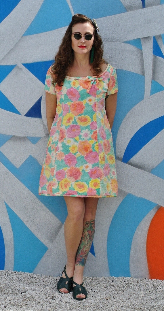 Vintage 60s Pastel Floral MOD Mini Dress