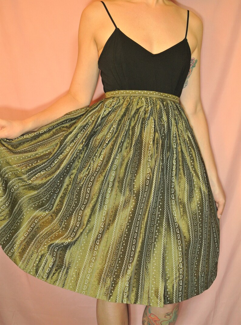 1940s Metalic Olive Green Novelty High Waisted Skirt