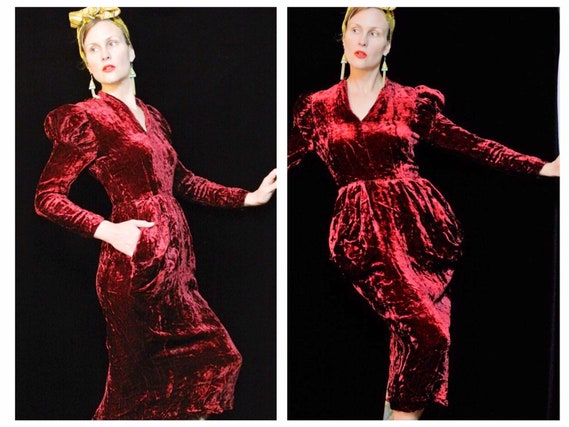 Vintage 80s Bombshell Red Crushed Velvet Wiggle Dress Etsy