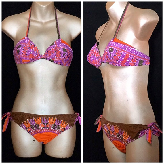 60s Bohemian Dashiki Fabric Bikini Swimwear - by B