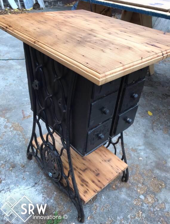Sewing Machine Side Table Reclaimed Wood Top Drawers Etsy