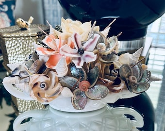 Seashell Flower arrangement in vintage milk glass for home and coastal decor, gift, wedding, get well, condolence and more