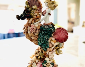 Estatua de caballito de mar y sirena hecha con conchas marinas para decoración del hogar y costera, Día de la Madre, colección, regalo, mesa, boda
