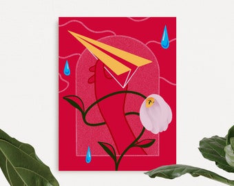 Paper airplane window tears magical flower hand illustrated poster print