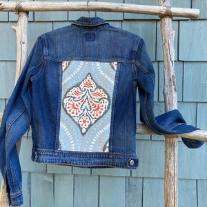 Altered denim one of a kind jacket embellished tapestry decor fabric