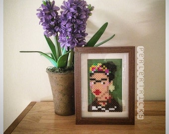 Frida Kahlo Perler Bead Framed Art - 8 bit art history geekery hama beads fuse home decor PerlerTricks