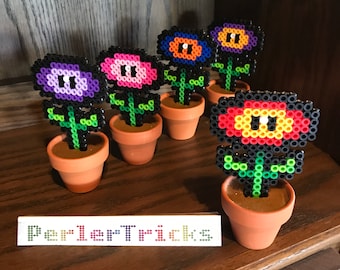 Perler Bead Potted Fire Flower Plant - 8bit pixelated Classic Nintendo NES pot - choose your houseplant color