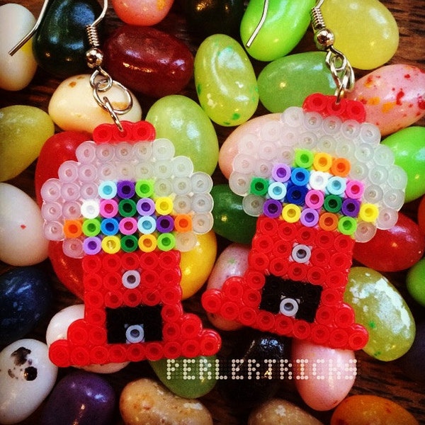 Cute bubblegum machine mini Perler Bead earrings - hama beads - pixel art geek jewelry 8 bit mini beads kawaii bubble gum candy red
