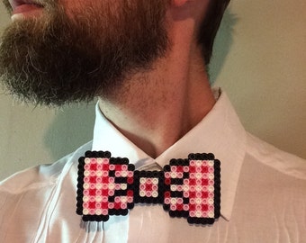 Perler Bead Bow Tie - gingham pattern , red white plaid checkered , retro hipster hama fusebeads geekcraft bowtie pixel art 8bit clip on