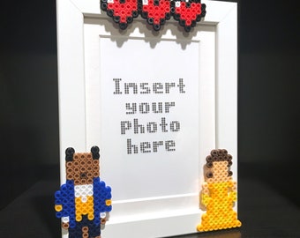 Beauty and the Beast White Picture Frame for 4x6 or 5x7 photo - love wedding anniversary gift - perler fuse beads home decor PerlerTricks