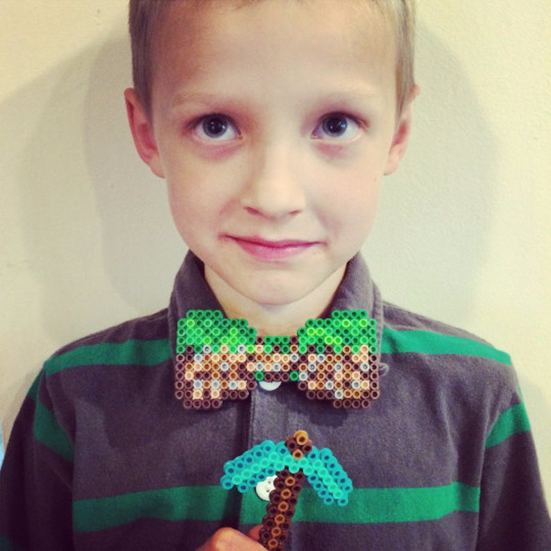 Minecraft Pixel Gamer Perler Bead Bow Tie Grass Block Green Etsy