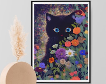 Black Cat in the Flowers, Garden Cat Print, Monet Flowers Cat, Black Cat, Floral Art Print, Painting, A3 A4 A5 Home Decor