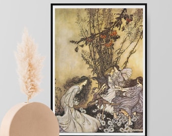 Dancing With The Fairies, Classic Painting, Poster, Arthur Rackham Poster Wall Art Print - A3 A4 A5 Fairies