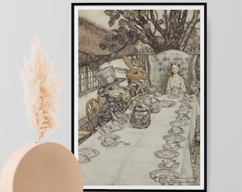 Tea Party des Chapeliers fous, classique d'Arthur Rackham, peinture d'Alice au pays des merveilles, cadeau impression d'art mural affiche - A3 A4 A5 fantaisie