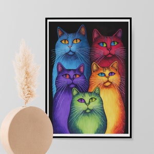 Abstrakte Katzen Druck, Moderne Katze Wandkunst, Regenbogen Bunt Tier Poster Druck Malerei Kunst Wohnkultur Geschenk Idee A3 A4 A5
