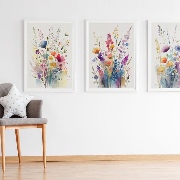 Fleurs - lot de 3 impressions, impression de fleurs aquarelle, fleurs sauvages, trois affiches, art mural de la chambre à coucher, décoration d'intérieur A3 A4 A5