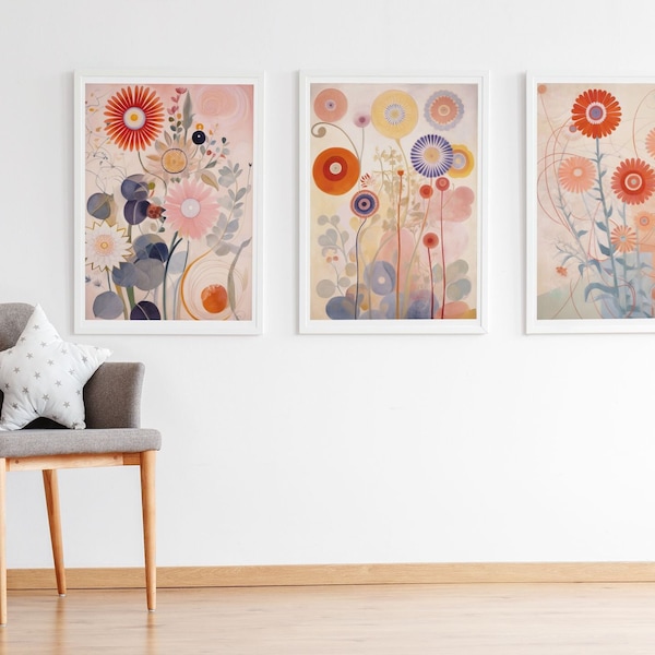 Set di 3 stampe di illustrazioni di fiori, arte murale astratta, poster di decorazioni floreali botaniche, set di tre dipinti ad acquerello di fiori A3 A4 A5