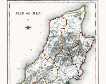 Old Map of Isle of Man Vintage 1848 Reproduction Old Rare Map Poster Art Print A3 A4