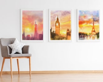 Set of 3 Prints - New York, London, Paris City Watercolour Travel Wall Art Prints, Poster, Cities Home Decor A3 A4 A5