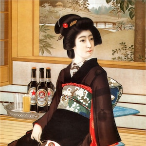 Póster publicitario de cerveza Yebisu vintage de 1917 de geishas orientales y japonesas, impresión de arte mural, decoración del hogar, tamaño A3, A4, A5