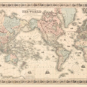 Colton's Map of the World on Mercator's Projection J.H. Colton & Co Vintage 1858  Reproduction Old Rare Map Poster Art Print A3 A4