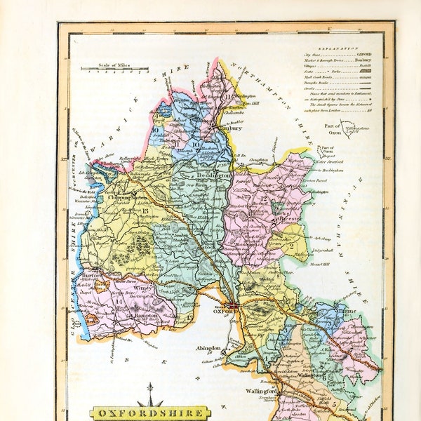 Old English County Map of Oxfordshire, Vintage 1819 Oxford Reproduction Old Rare Map Poster Art Print A3 A4 Home Decor