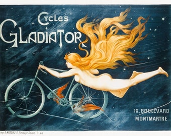 Affiche française vintage Gladiator Cycles rétro 1895 bicyclette dame tête rouge publicité art mural impression affiche décor à la maison A3 A4 A5