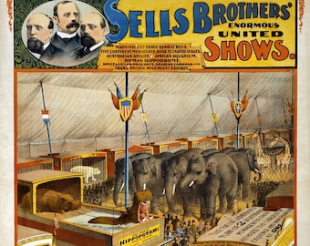 Vintage Circus Poster, Sells Brothers Wild Elephants Beasts Retro Circus Advert Wall Art Home Decor A3 A4