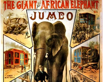 Vintage Circus Poster Print, Retro Circus Advert Giant African Elephant Jumbo - Wall Art Lounge, Home Decor A3 A4