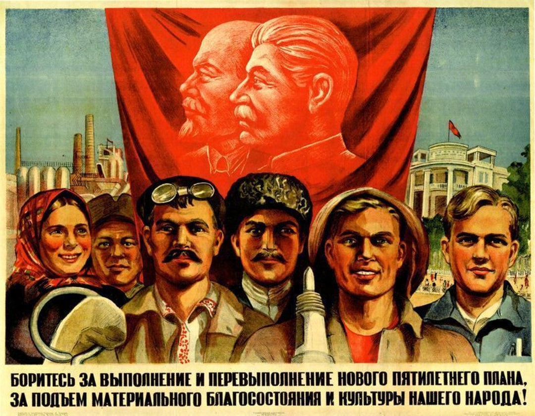 Vintage Soviet Propaganda Print, Stalin Lenin Political