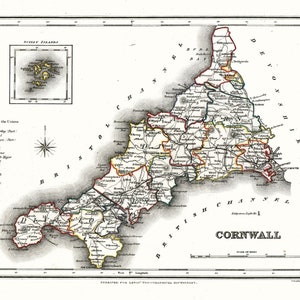 County Map of Cornwall Wand-Kunstdruck Vintage Antik Stil Karte Repro Cornwall Wandbild Poster Home Decor A3 A4
