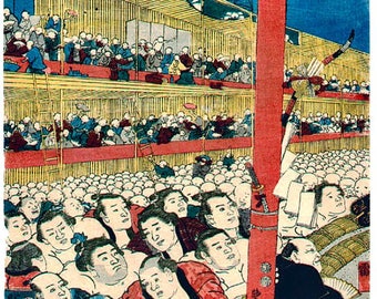 Sumo Wrestling Spectators Kunisada -  Vintage Japanese Art, Japanese Art Print, Wall Art Poster Print Home Decor A4