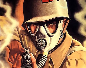Vintage Gas Mask Helmet World War II Military Propaganda Poster, Wall Art Decor A4 Print