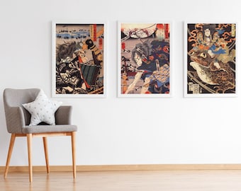 Set of Three Utagawa Kuniyoshi Japanese Prints - 3 Paintings Samurai Warriors Photo Poster Japan Art Print Gift Ukiyo-e
