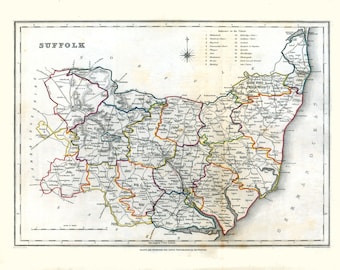 Old English County Map of Suffolk Vintage 1848 Reproduction Old Rare Map Poster Art Print A3 A4