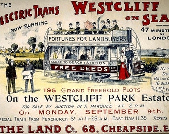 Southend Westcliff on Sea Electric Tram - Wall Art Poster - Vintage Reprint Home Decor A3 A4