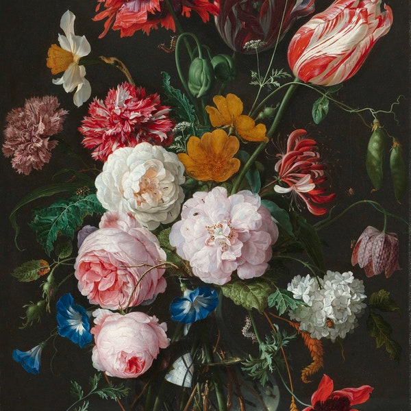 Nature morte aux fleurs dans un vase en verre, Jan Davidsz de Heem - Reproduction vintage poster impression d'art mural décoration d'intérieur A3 A4