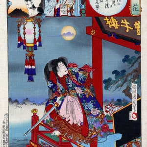 Yoshu Chikanobu Poster, japanischer Druck, Bushu Moon über Ishihama Vintage japanisches Wohndekor, Holzschnitt, Kunstdruck Poster A3 A4