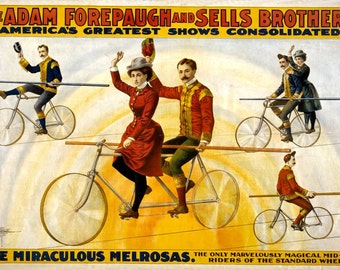 Vintage Circus Poster Print, Retro Circus Advert Mid Air Bicycle Riders Wall Art, Lounge, Home Decor A3 A4