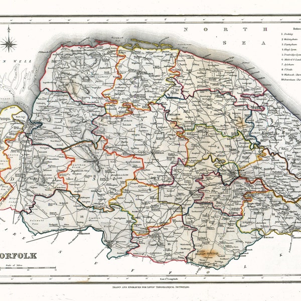 Old English County Map of Norfolk Vintage 1848 Reproduction Old Rare Map Poster Art Print A3 A4