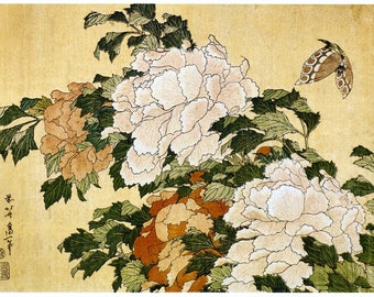 Peonies And Butterfly Ukiyo Poster Japan Art Japanese Wall Art Hokusai Poster Birthday Gift Idea Housewarming Art Reproduction A3 A4