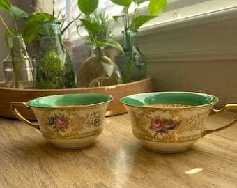Vintage Bavaria Teacups, Rosenthal Bavaria Green and gold vintage teacups, Fine china, Holiday teacups, set of 2