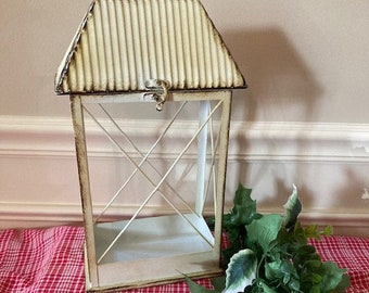 Vintage lantern, Candle lantern, Metal candle lantern, Open candle lantern, Beige candle lantern, farmhouse decor, vintage holiday decor