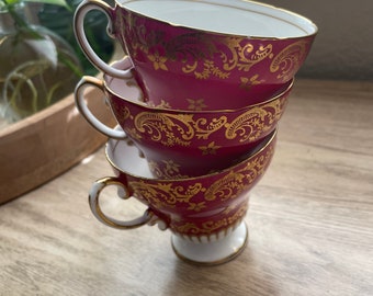 Vintage English Teacups, EB Foley Red and gold vintage teacup, English bone china, Holiday teacup and saucer, set of 3